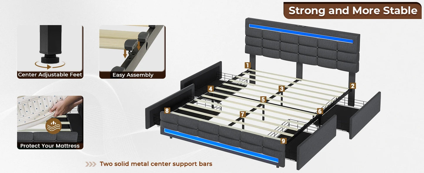 Modern Upholstered LED Bed Frame - Queen, Full & Twin sizes - KozyTrends