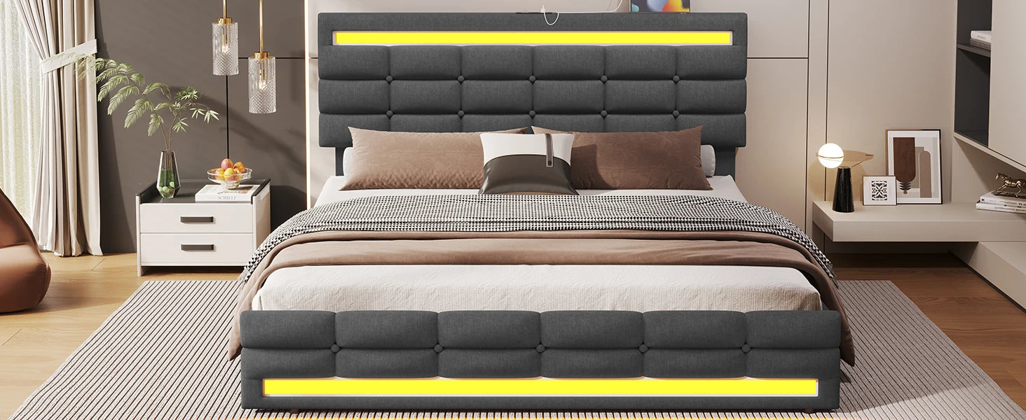 Modern Upholstered LED Bed Frame - Queen, Full & Twin sizes - KozyTrends