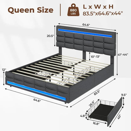 Modern Upholstered LED Bed Frame - Queen, Full & Twin sizes - KozyTrends